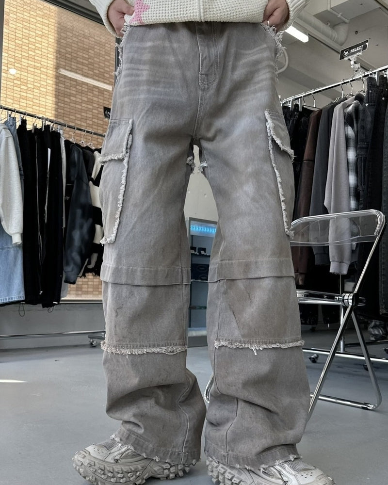 受注制【Never mind the XU】set up grunge denim cargo pants