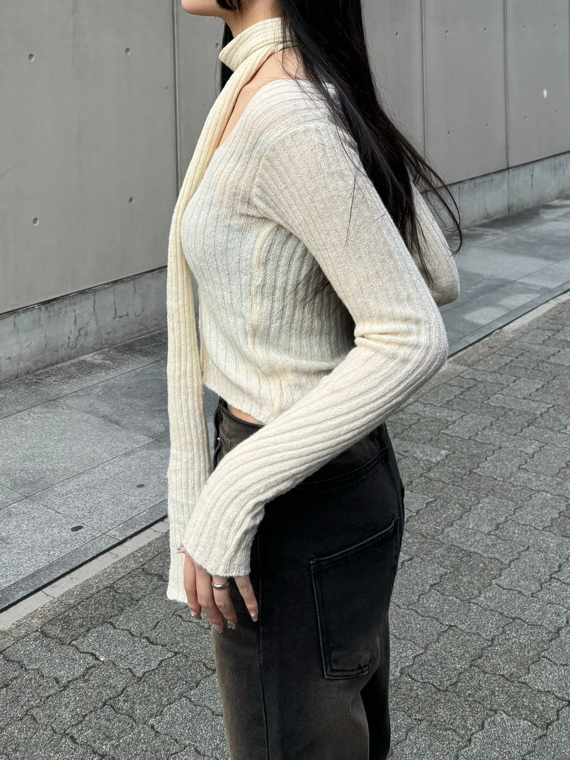 【Chikashitsu + LADIES】scarf set cropped knit tops (2color)