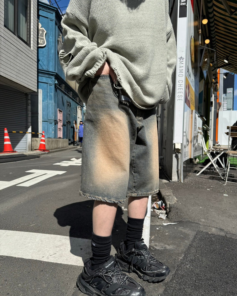 受注制【Chikashitsu +】vintage wash denim half pants
