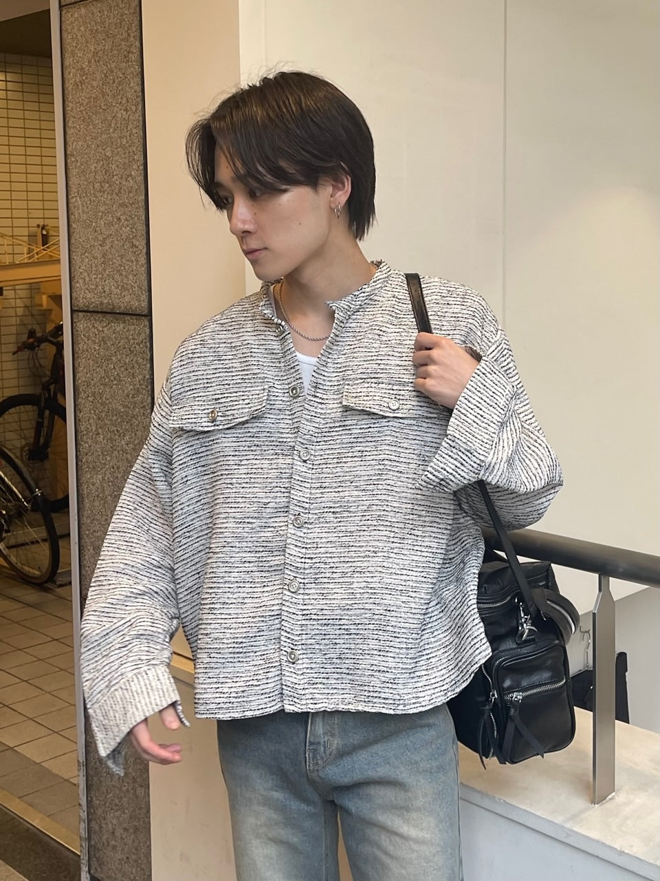 受注制【Chikashitsu +】no collar light tweed shirt (2color)