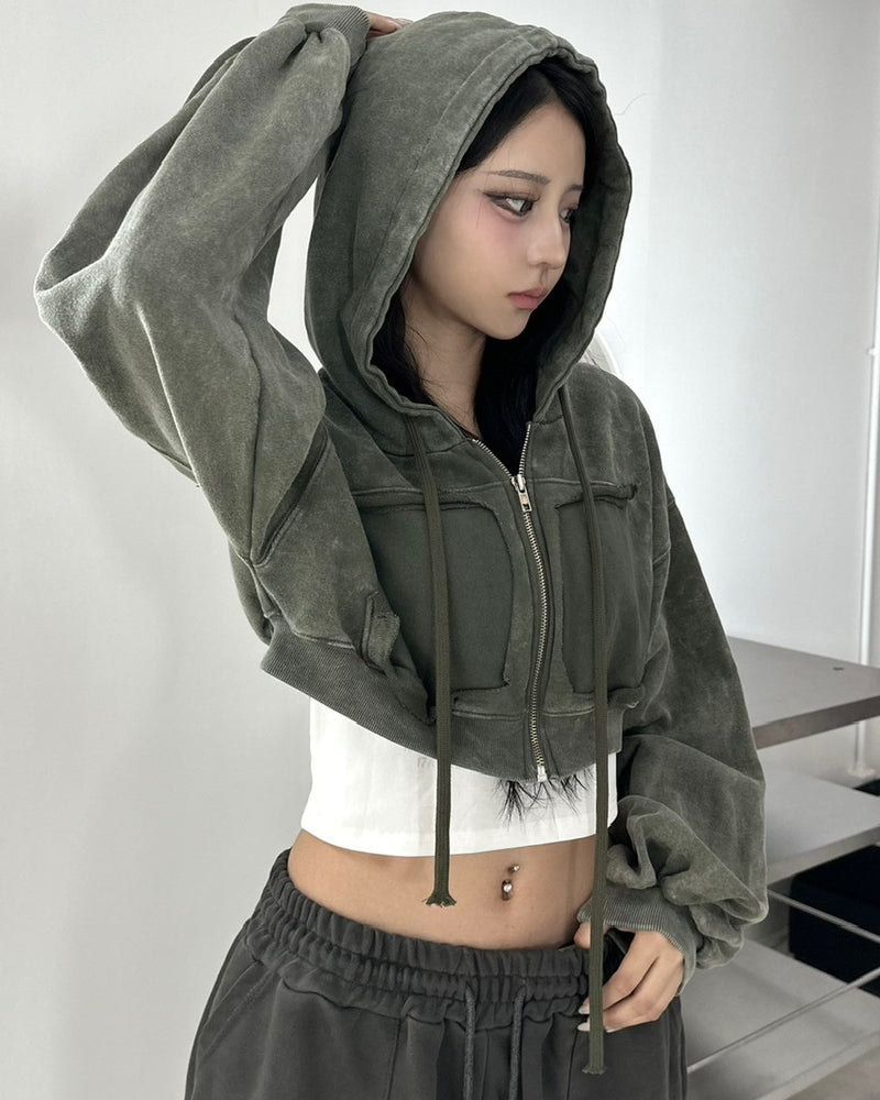 【Never mind the XU】washed crop zipup hoodie