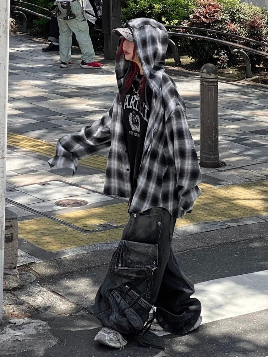 受注制【Never mind the XU】check hood shirt / 【ネバーマインドザエックスユー】チェックフード長袖シャツ