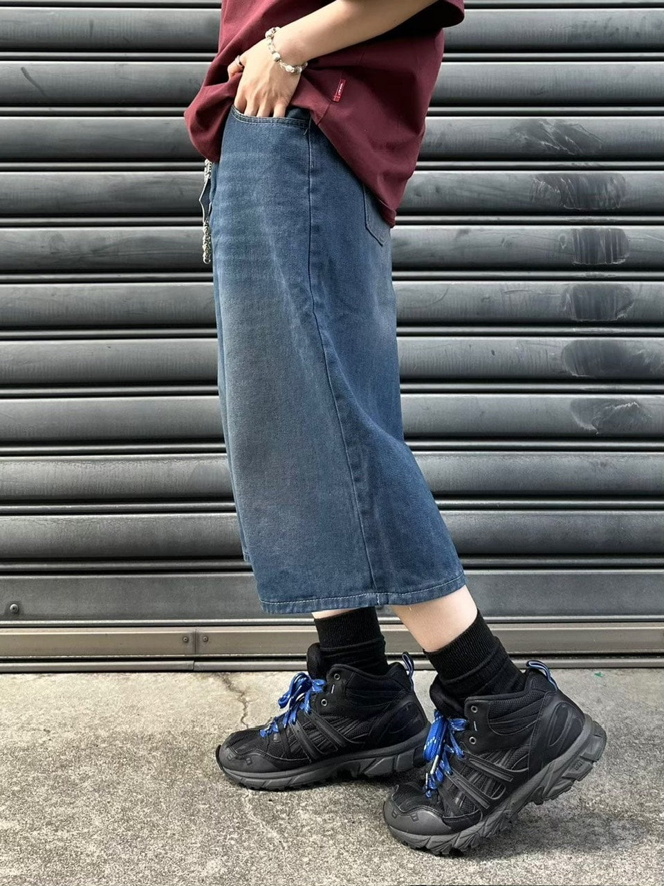 【Chikashitsu +】vintage wash wide denim half pants (2color)