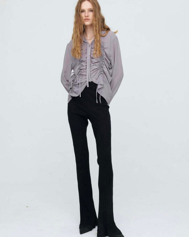 【NACHE】SHIRRING CHIFFON HOODIE ZIP-UP