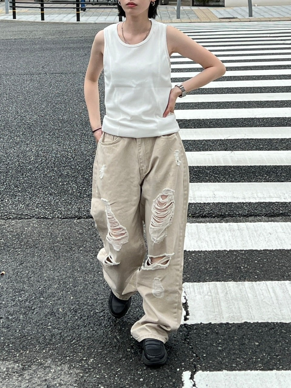 受注制【Chikashitsu +】damage cotton volume pants