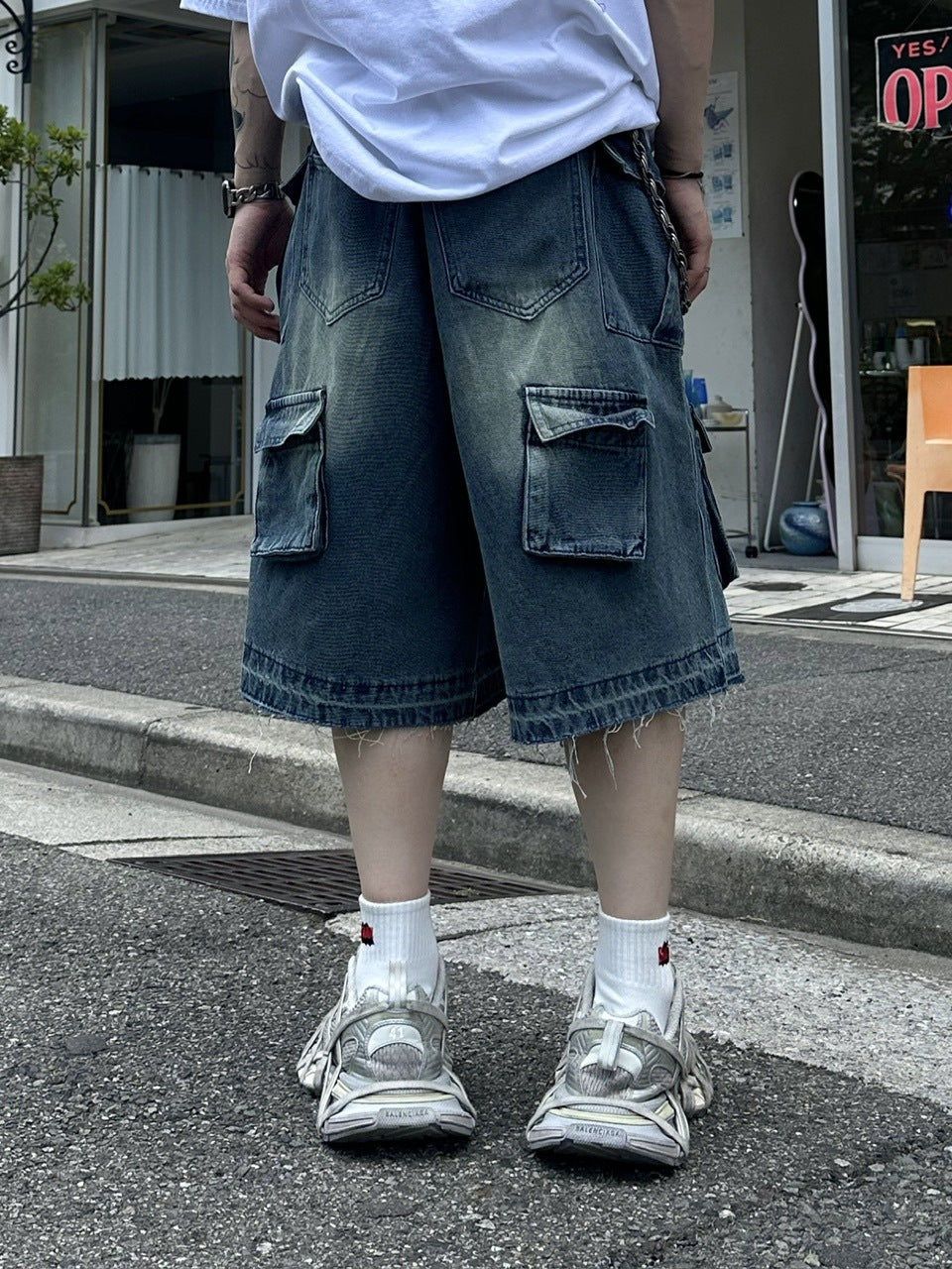 大阪店WEB限定受注制【Chikashitsu +】multi pocket denim half pants (2color)
