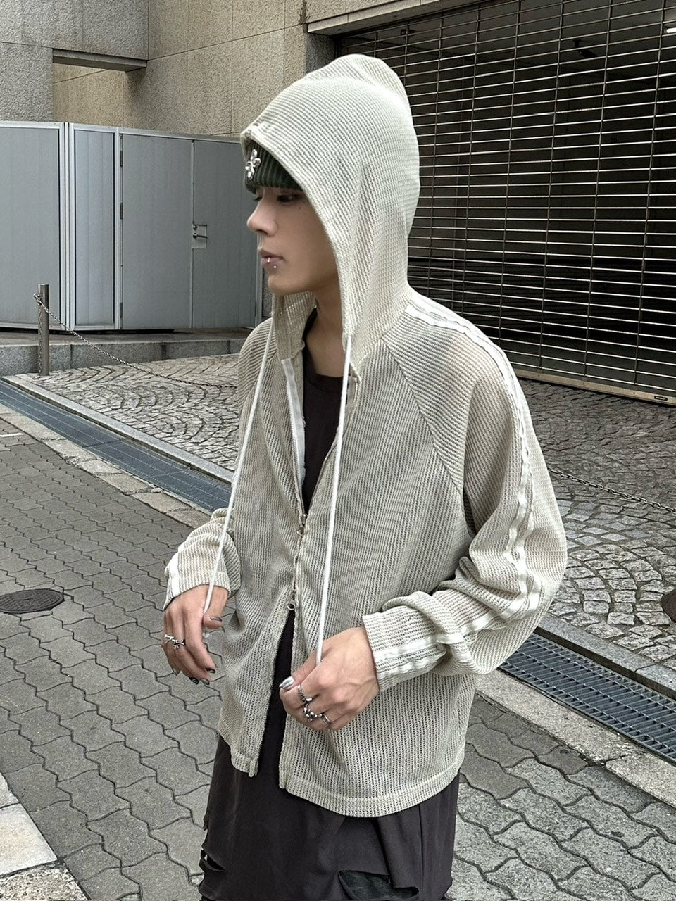 受注制【Never mind the XU】pigment track mesh zip hoodie (2color