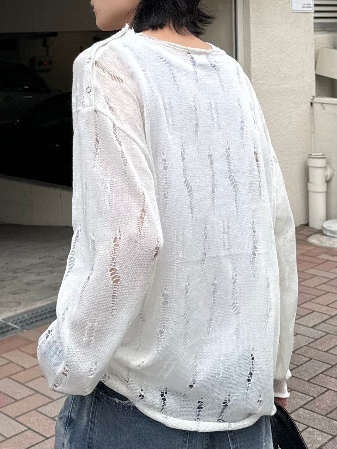 受注制【Chikashitsu +】shoulder button damage summer knit (3color)