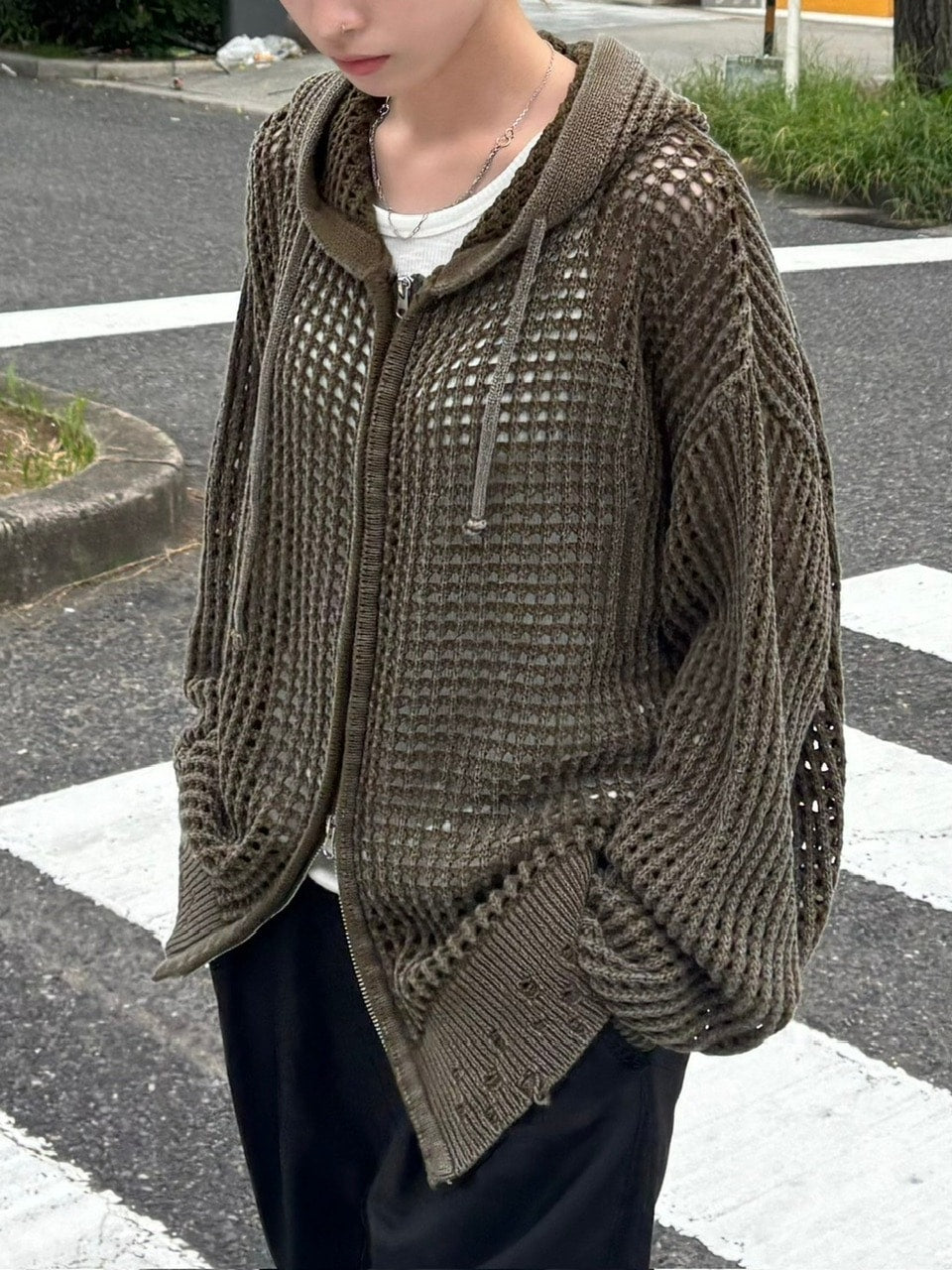 大阪店WEB限定受注制【Chikashitsu +】mesh zip damage hoodie (2color) / 【チカシツプラス】メッシュダメージジップアップ長袖パーカー