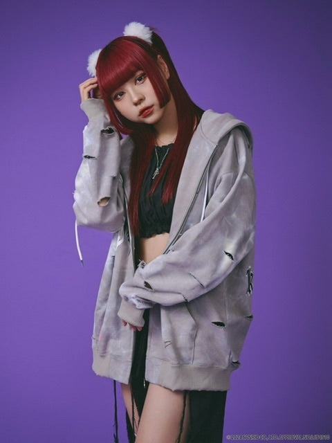 【GALFY×KUROMI】イルガルフィームラ染めZIPパーカー / 【ガルフィー×クロミ】ロゴ長袖ジップアップパーカー