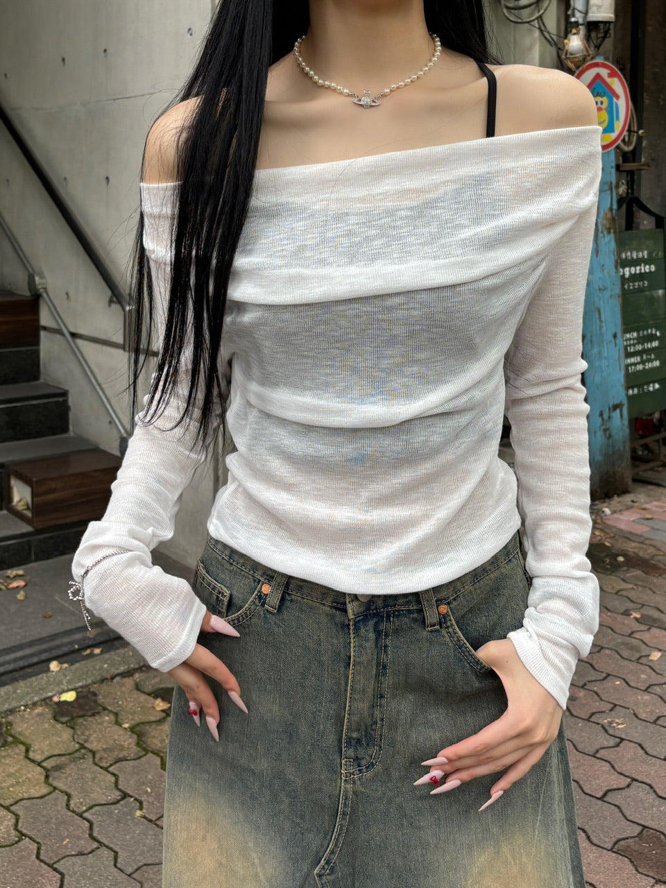 受注制【oaks】see-through back ribbon long sleeve (3color)