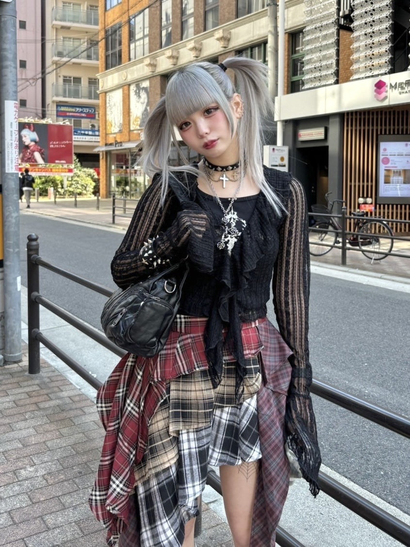 受注制【Never mind the XU】asymmetry check skirt / 【エックスユー ドッグ】アシンメトリーレイヤードチェックミニスカート