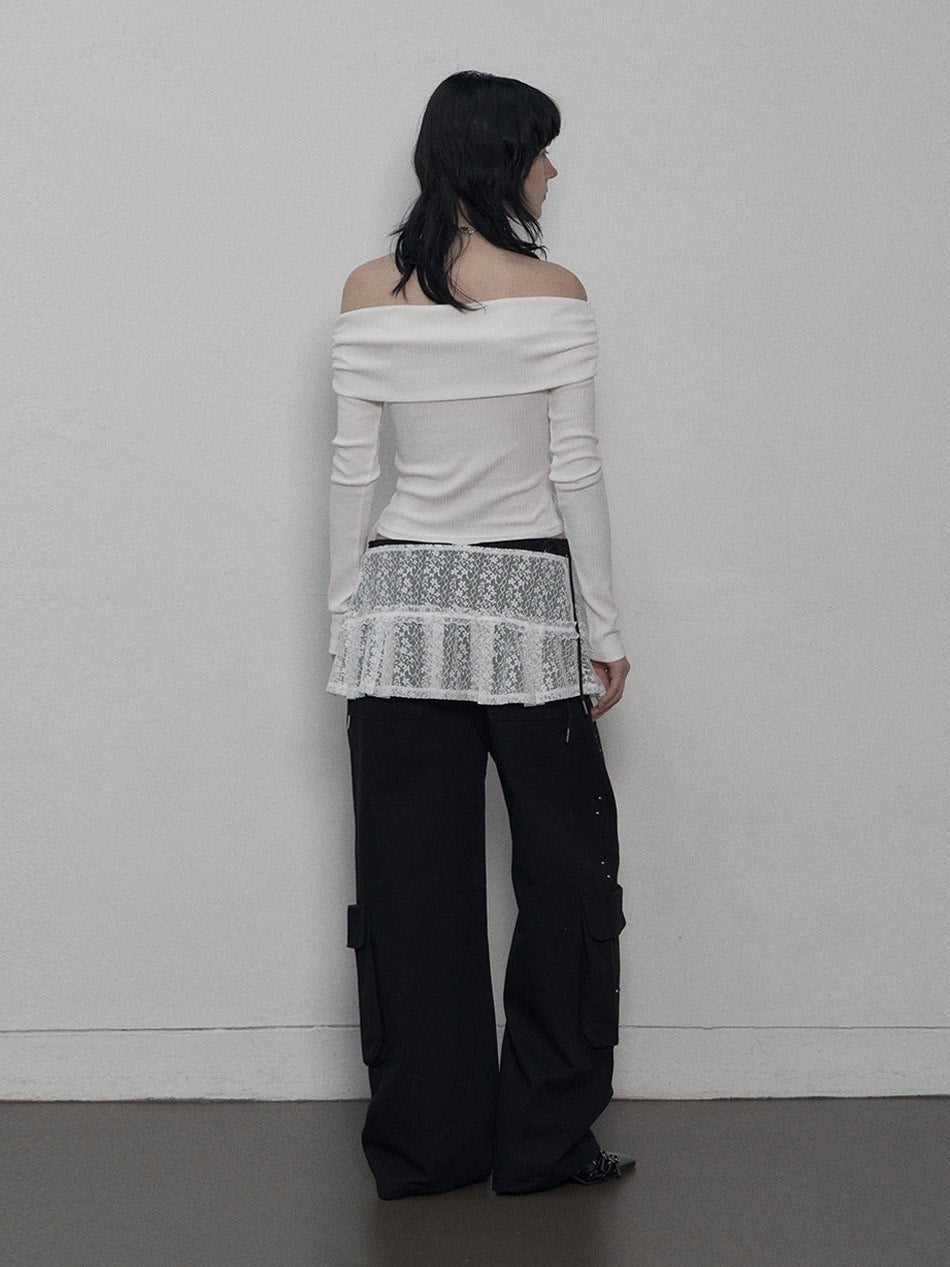 【SETUP-EXE】CORSET OFF-SHOULDER TOP / 【セットアップエグゼ】コルセットリボンオフショルダー長袖Tシャツ