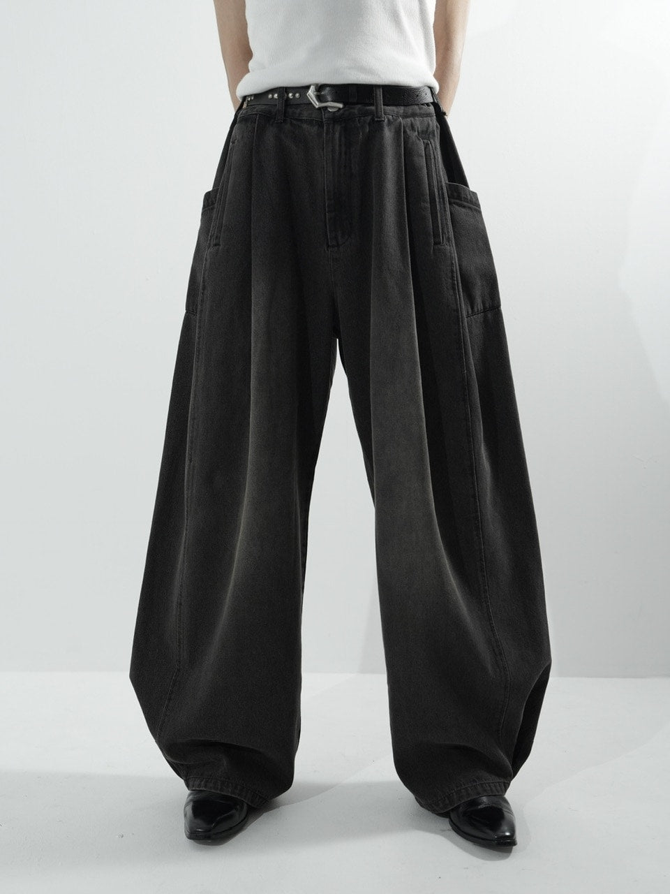 【CS】side tuck drape denim pants (dark brown)