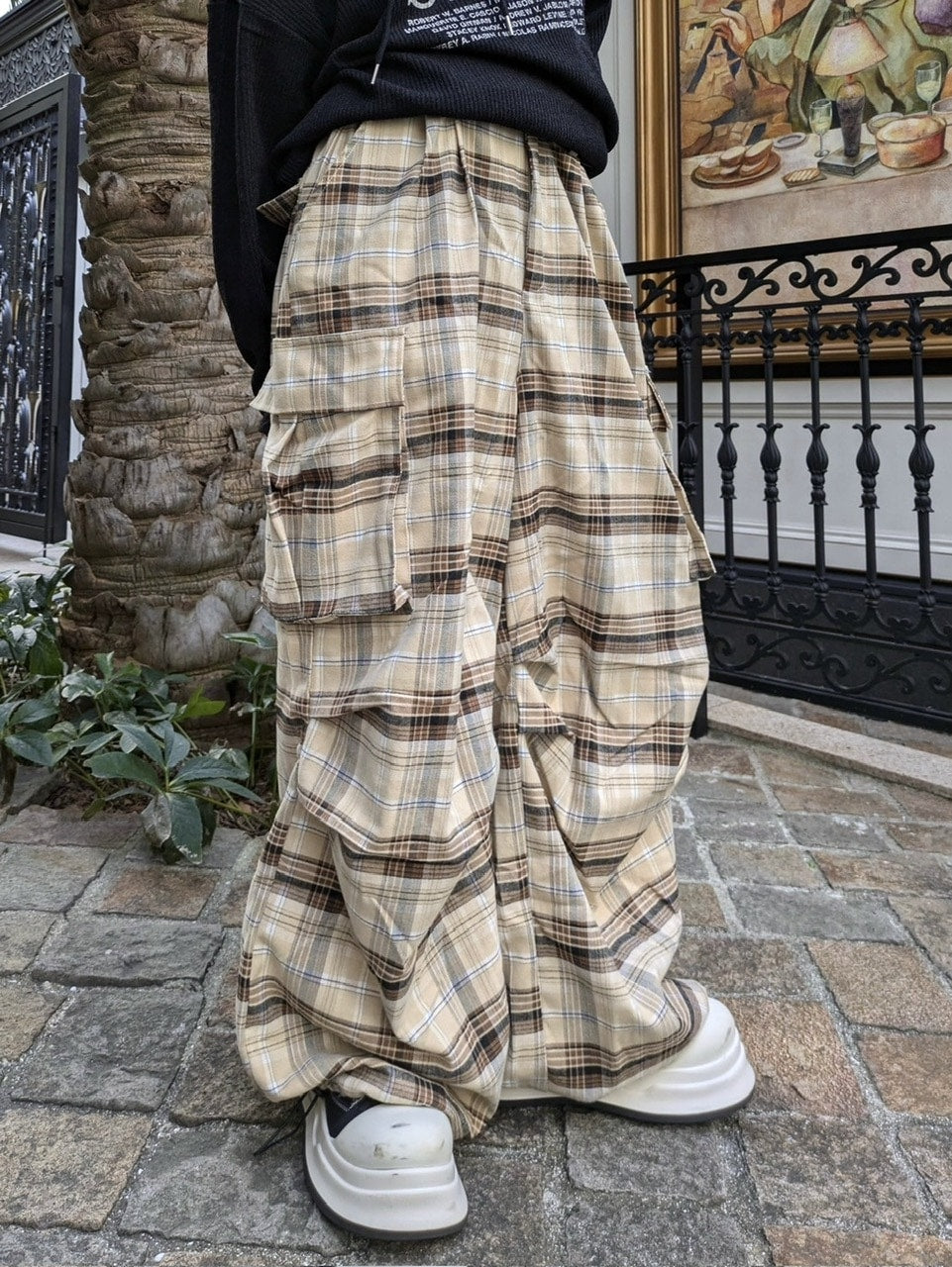 国際配送【LUV CODE】check wide cargo pants