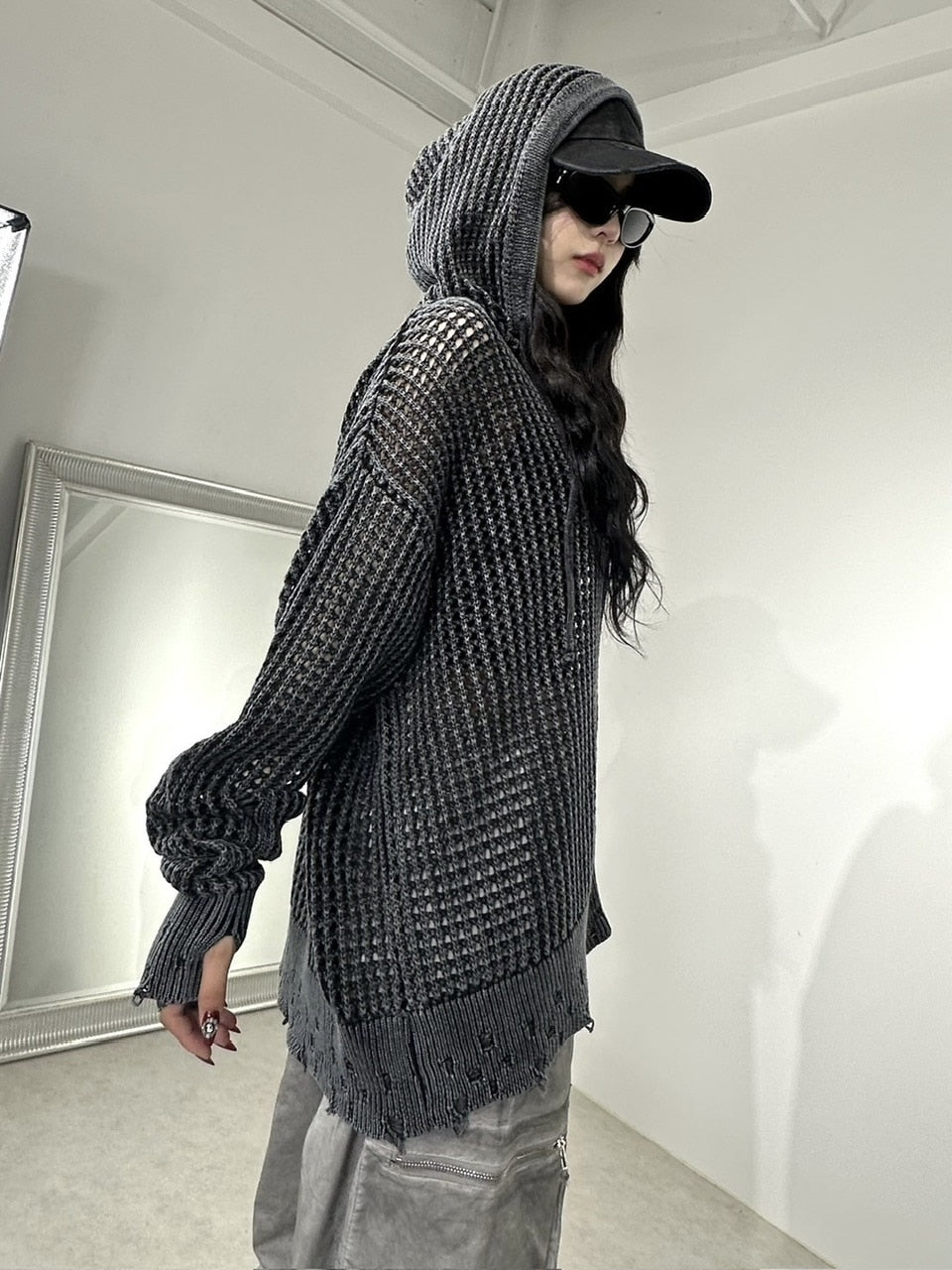 受注制【Never mind the XU】mesh zip damage hoodie (2color) / 【ネバーマインド ザ エックスユー】メッシュダメージジップアップ長袖パーカー