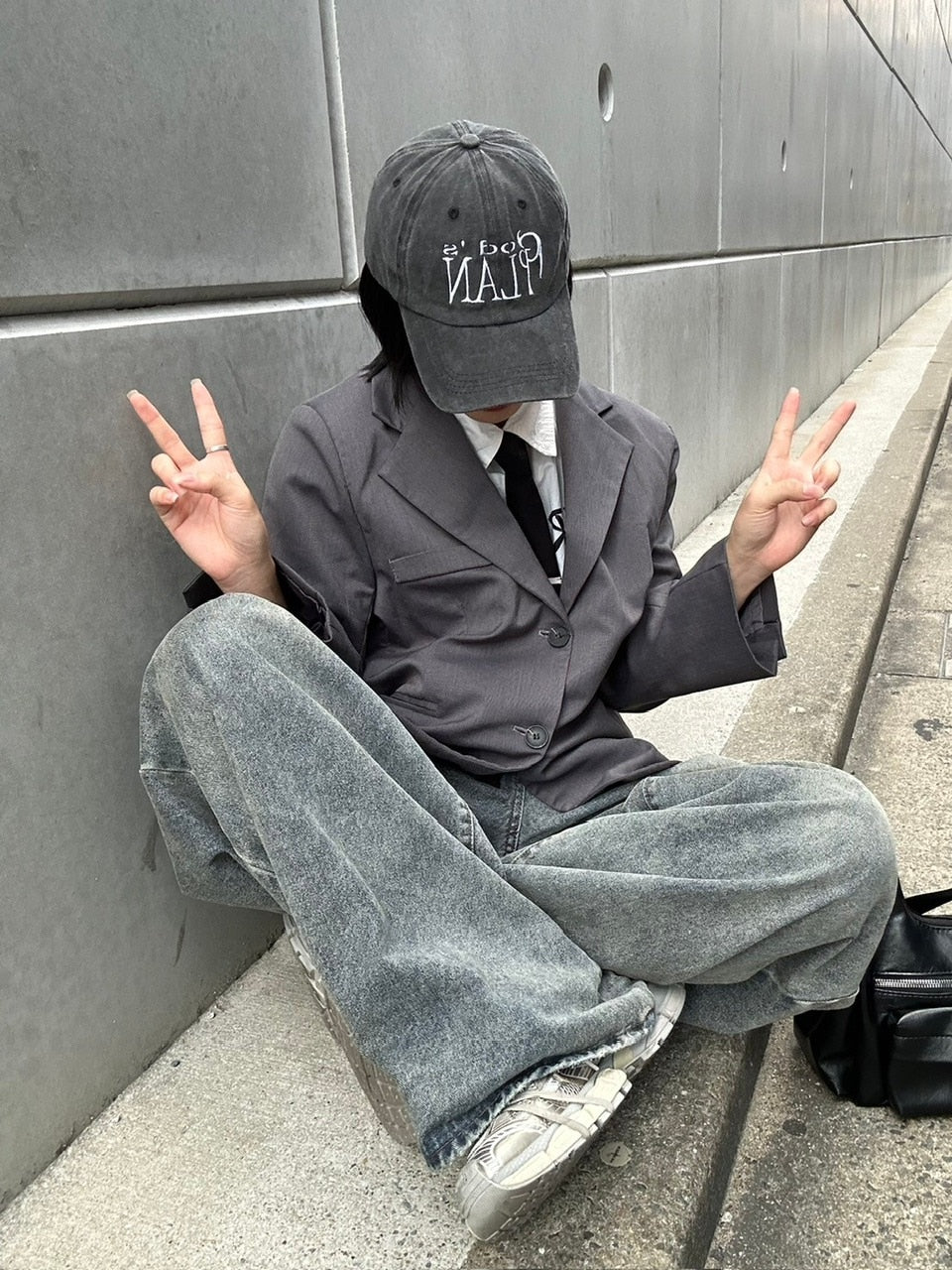 国際配送【LUV CODE】washed denim tuck wide pants