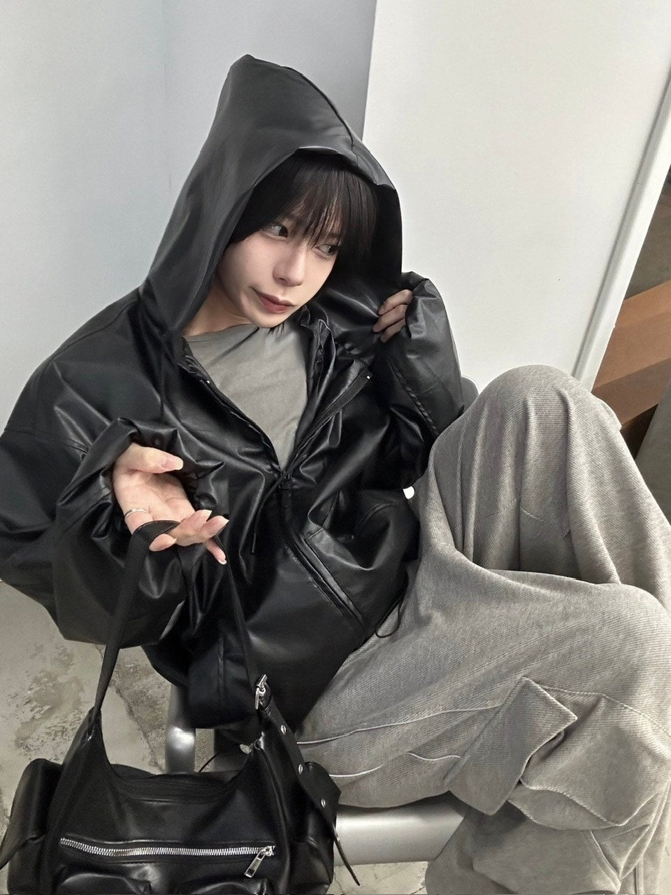 国際配送【LUV CODE】leather hooded jacket