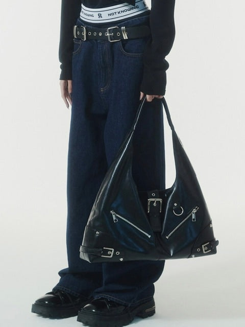 【NOT KNOWING】Black Moto Hobo Bag (LEATHER)
