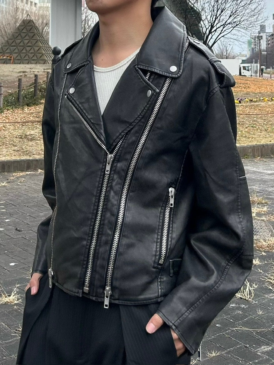 受注制【Chikashitsu +】aging wash cropped riders jacket