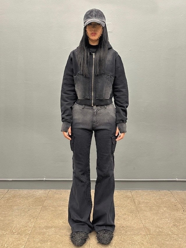 【BLR BLUER】BLEACHED CURVED INCISION SWEAT HOODIE ZIP-UP (Ｗ)