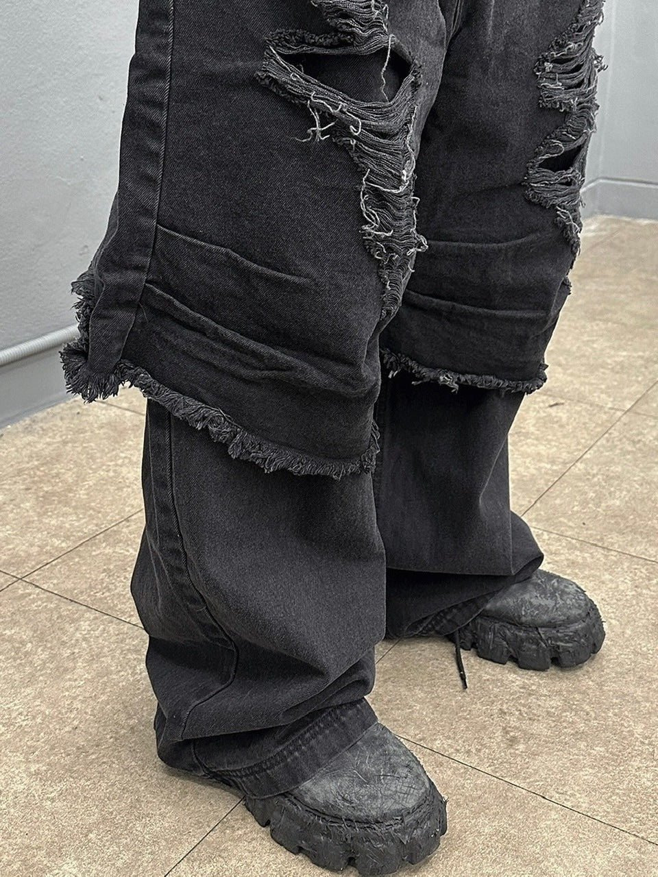 【BLR BLUER】Destroyed Double Denim Pants