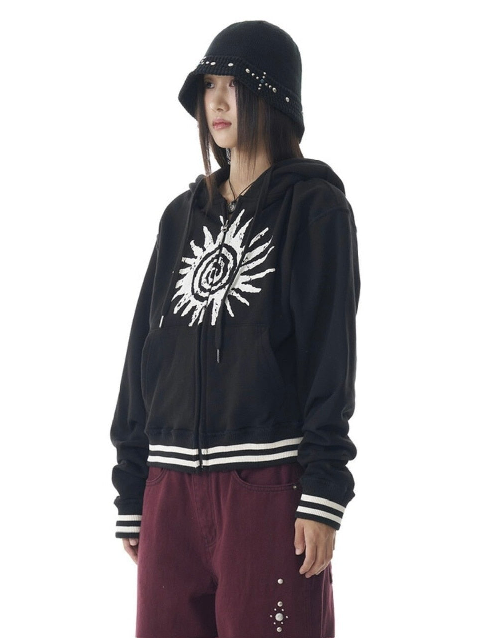【AAKAM】Cracked Sun Zip-Up Hoodie