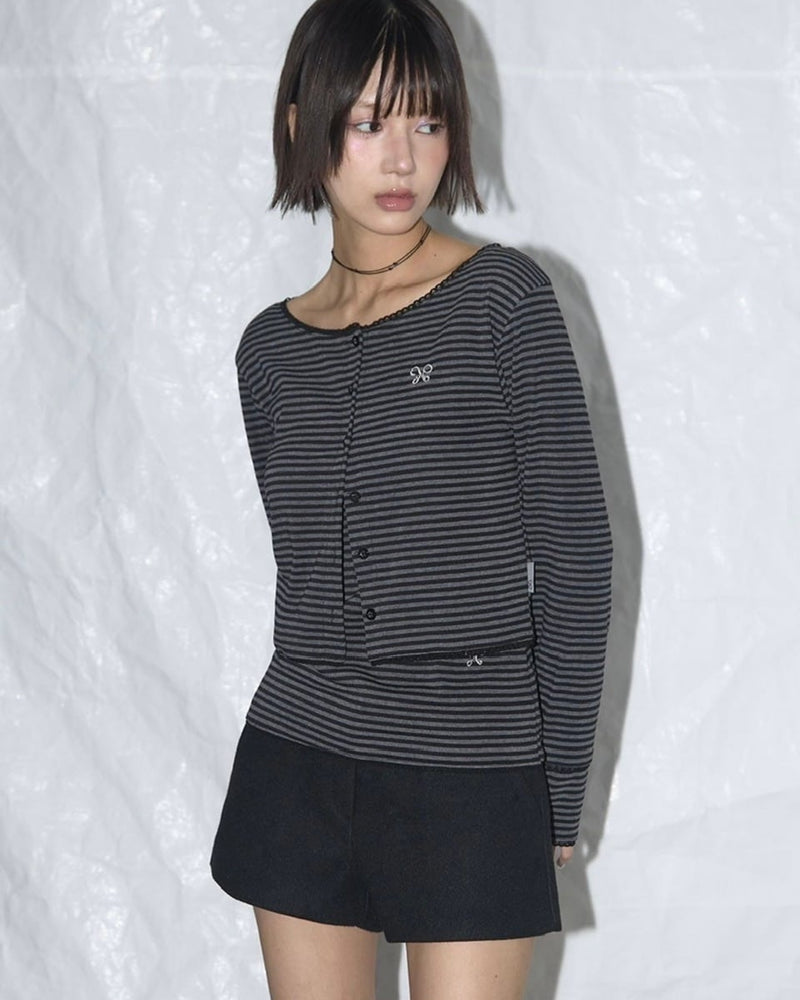 【FANCY CLUB】LACE STRIPE BASIC CARDIGAN