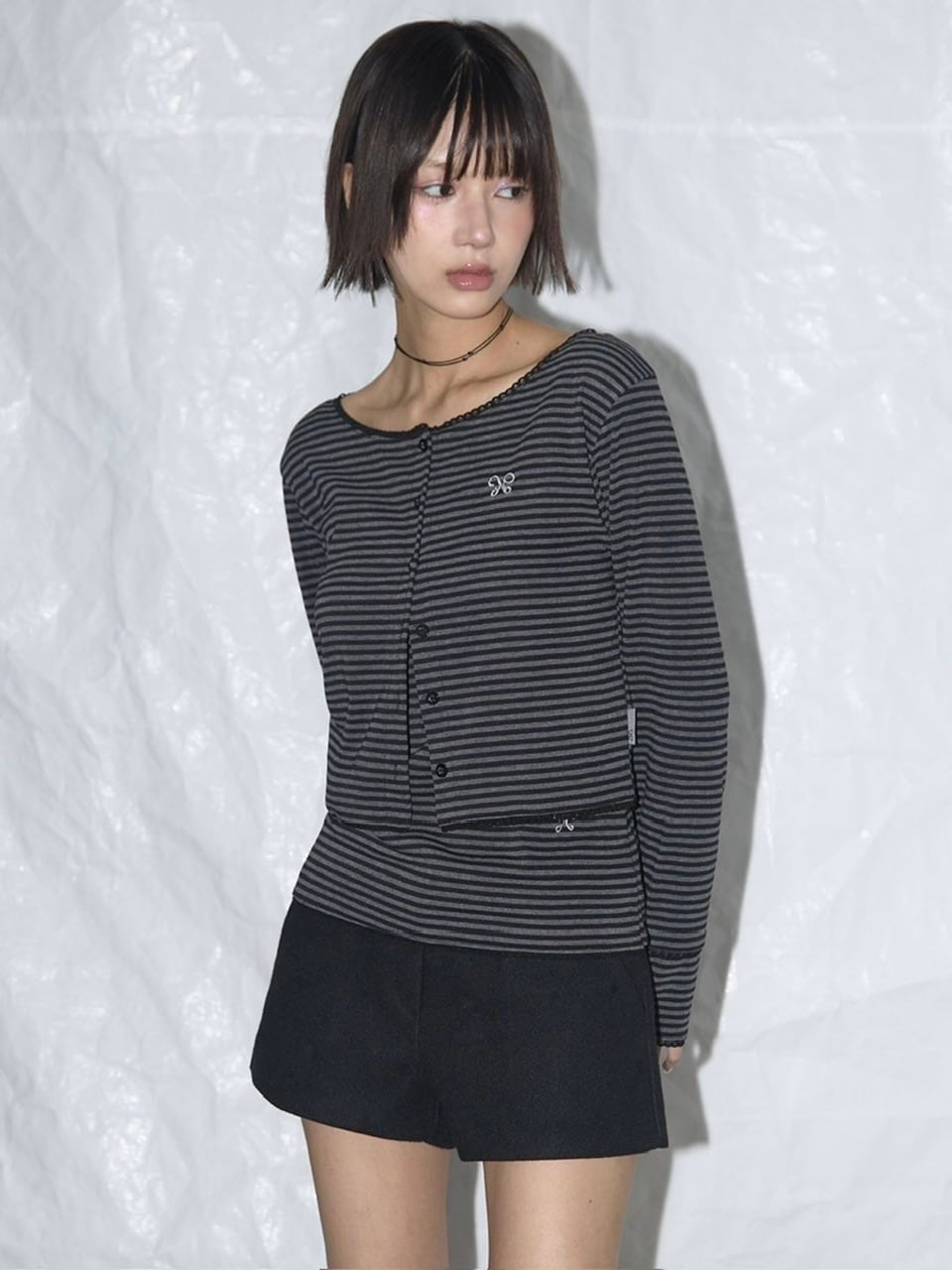 【FANCY CLUB】LACE STRIPE BASIC CARDIGAN