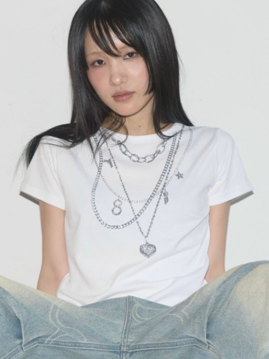【FANCY CLUB】DUAL CHARM NECKLACE TEE / 【ファンシークラブ】チャームネックレスプリント半袖Tシャツ