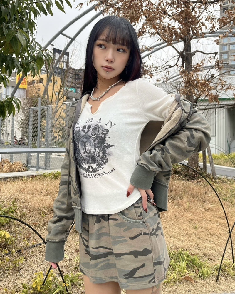 【Never mind the XU】v neck vintage print long sleeve tee (3color) / 【ネバーマインドザエックスユー】Vネックヴィンテージプリント長袖Tシャツ