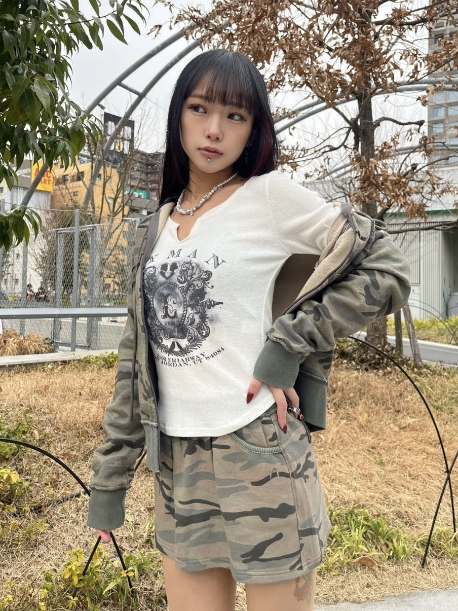 【Never mind the XU】v neck vintage print long sleeve tee (3color) / 【ネバーマインドザエックスユー】Vネックヴィンテージプリント長袖Tシャツ