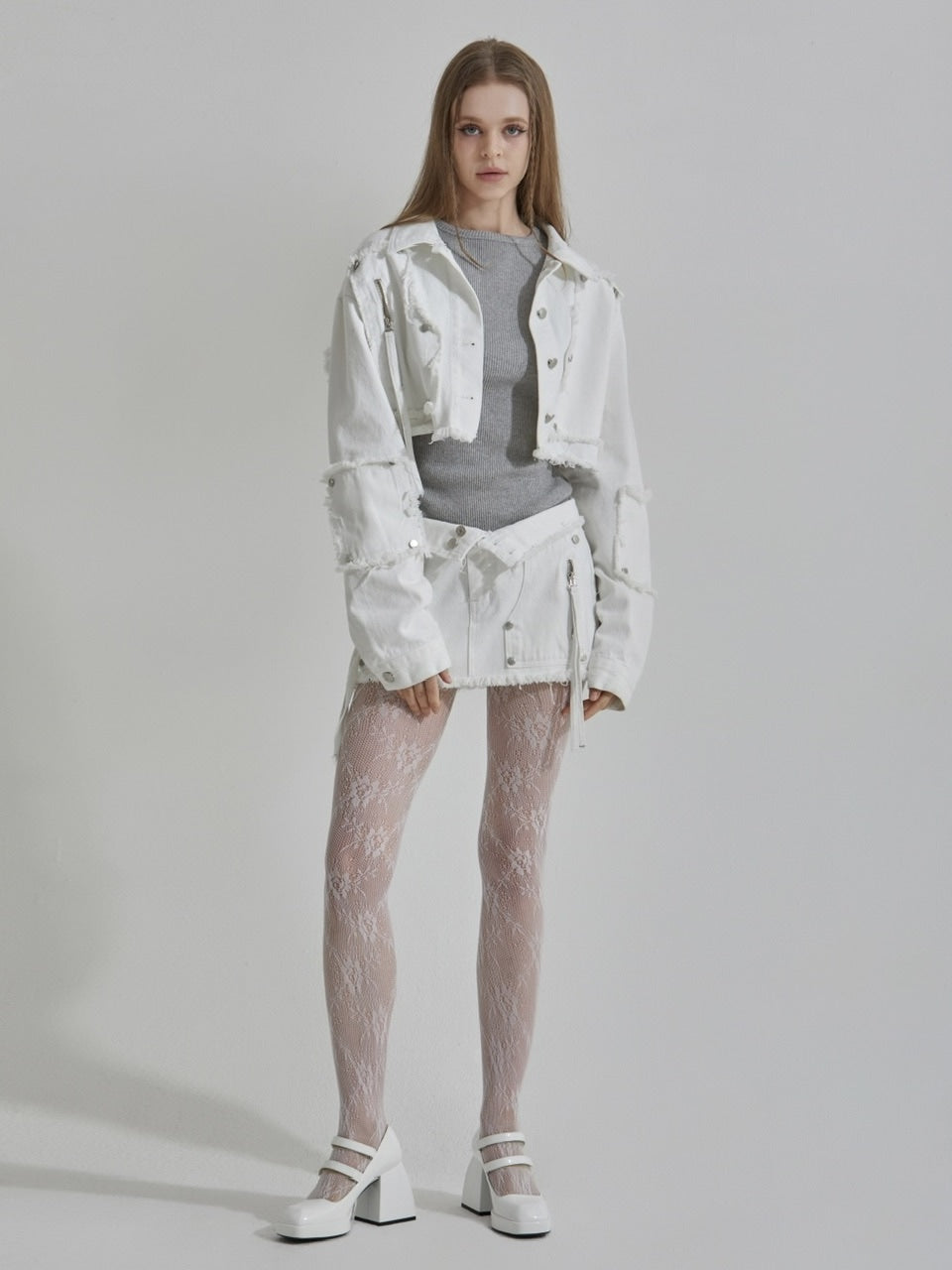 【GATELESS】RIVET FRINGE DENIM MINI SKIRT