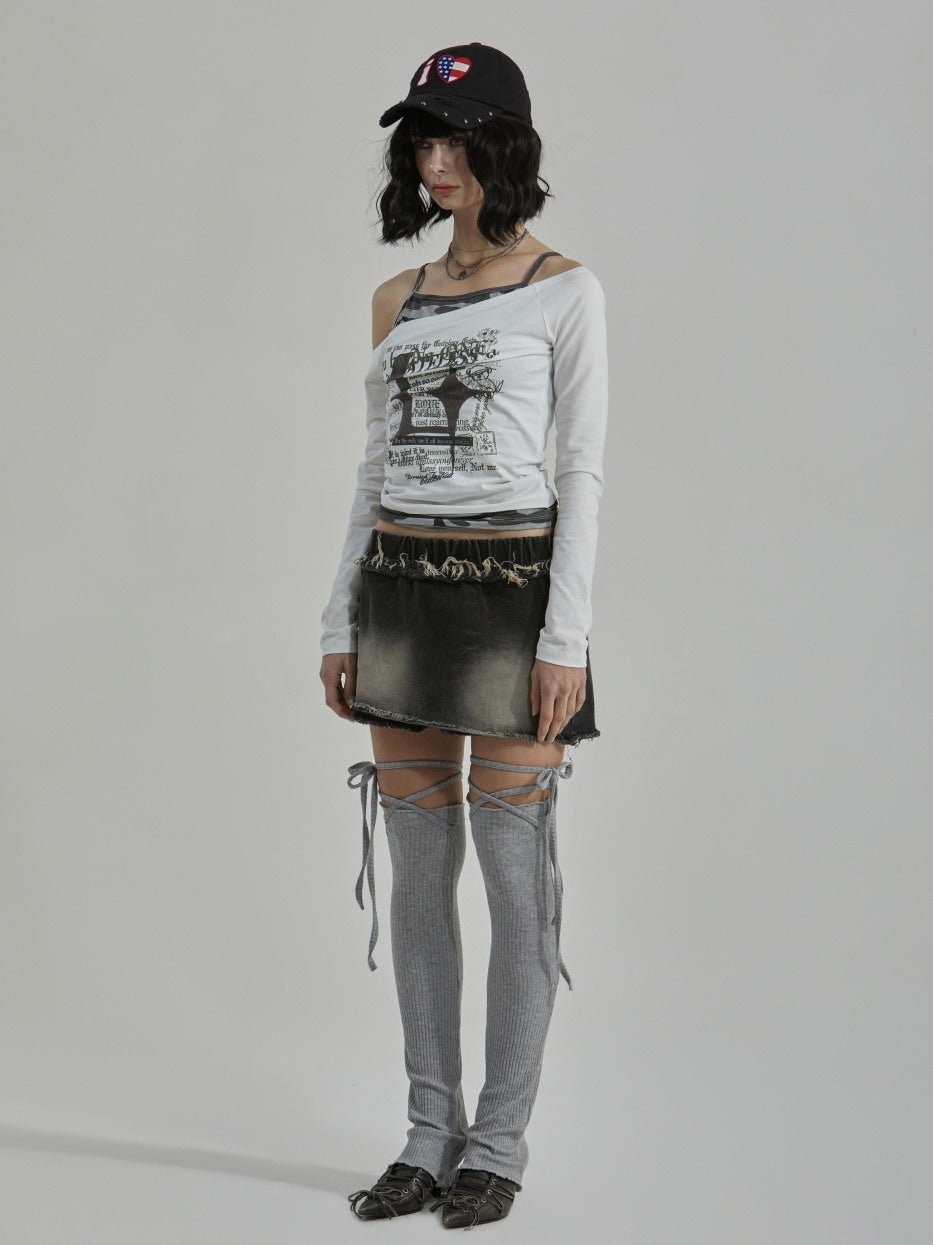 【GATELESS】CAMOUFLAGE LAYERED ONE SHOULDER T-SHIRT