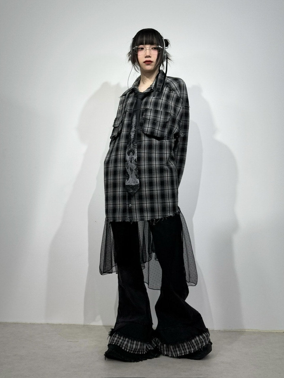 国際配送【Nerd out XU】check frill hem flare denim pants / 【ナードアウトエックスユー】チェックフリルヘムフレアデニムパンツ