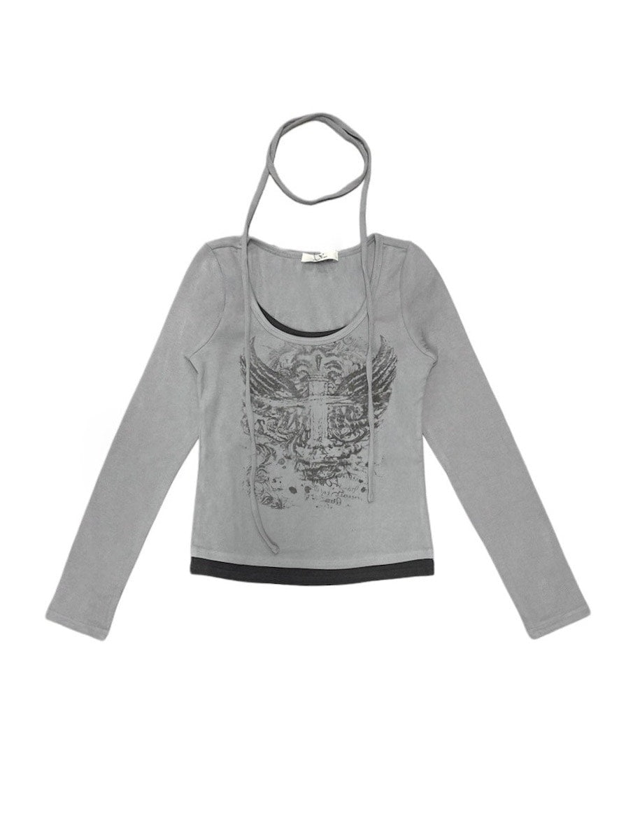 【Never mind the XU】tie set cross wing long sleeve tee (3color) / 【ネバーマインドザエックスユー】ネクタイセットクロスウィングプリント長袖Tシャツ