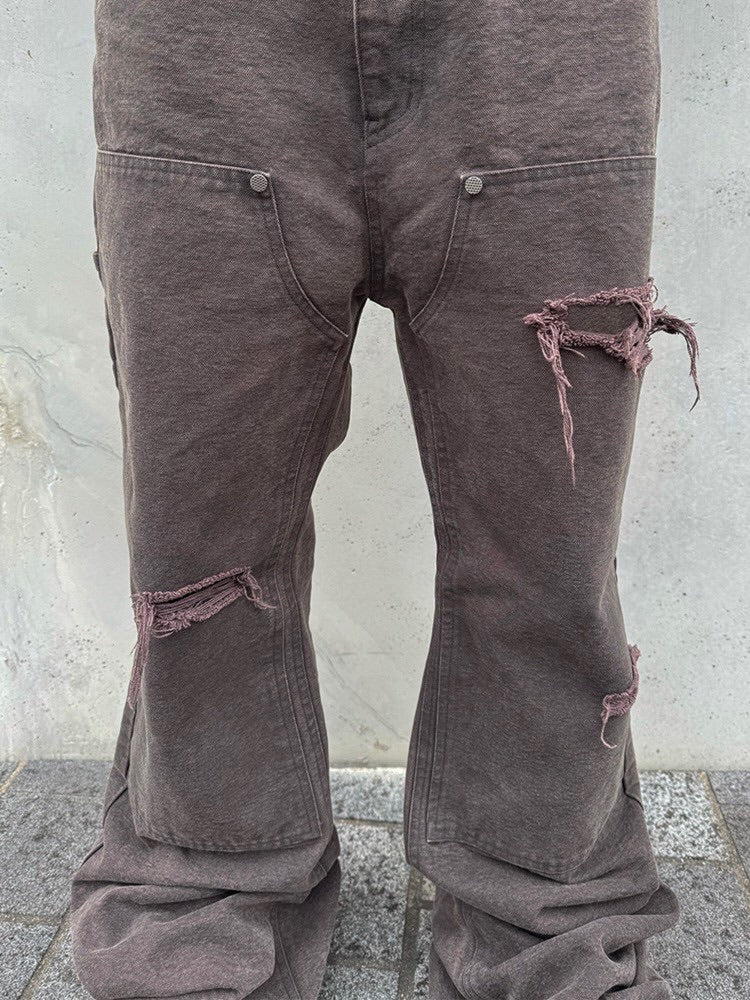 【BEBOF】DOUBLE KNEE DAMAGE FLARE DENIM PANTS