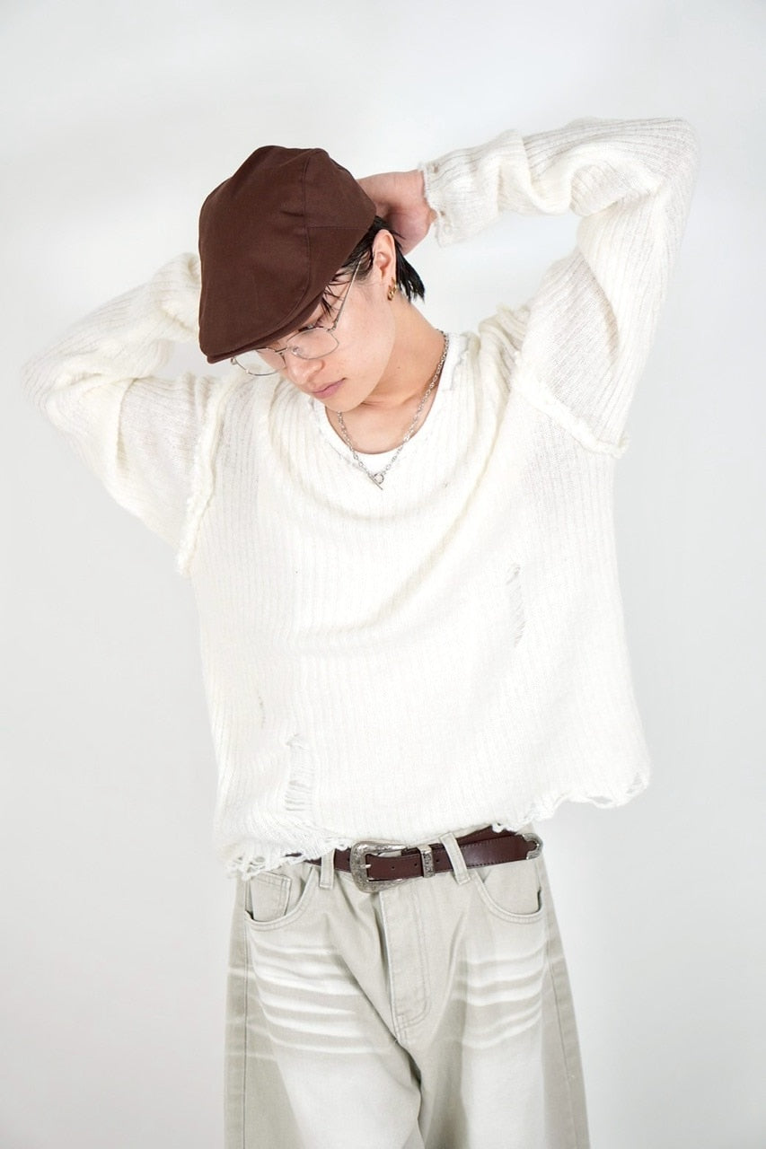 【Chikashitsu +】damage reverse v neck knit (3color) / 【チカシツプラス】リバースVネックダメージニット