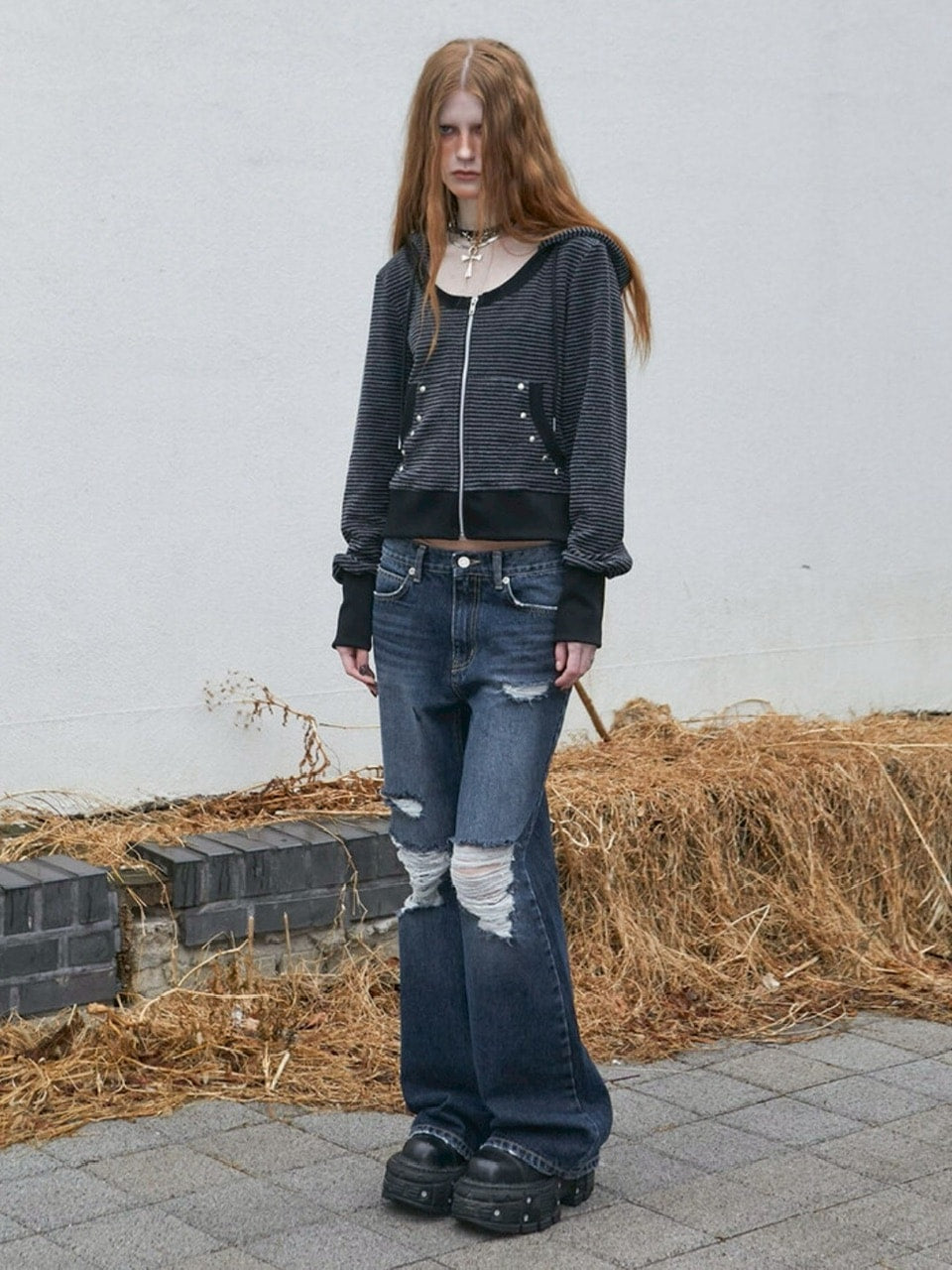 【NOT KNOWING】U Neck Stripe Hood Zip Up