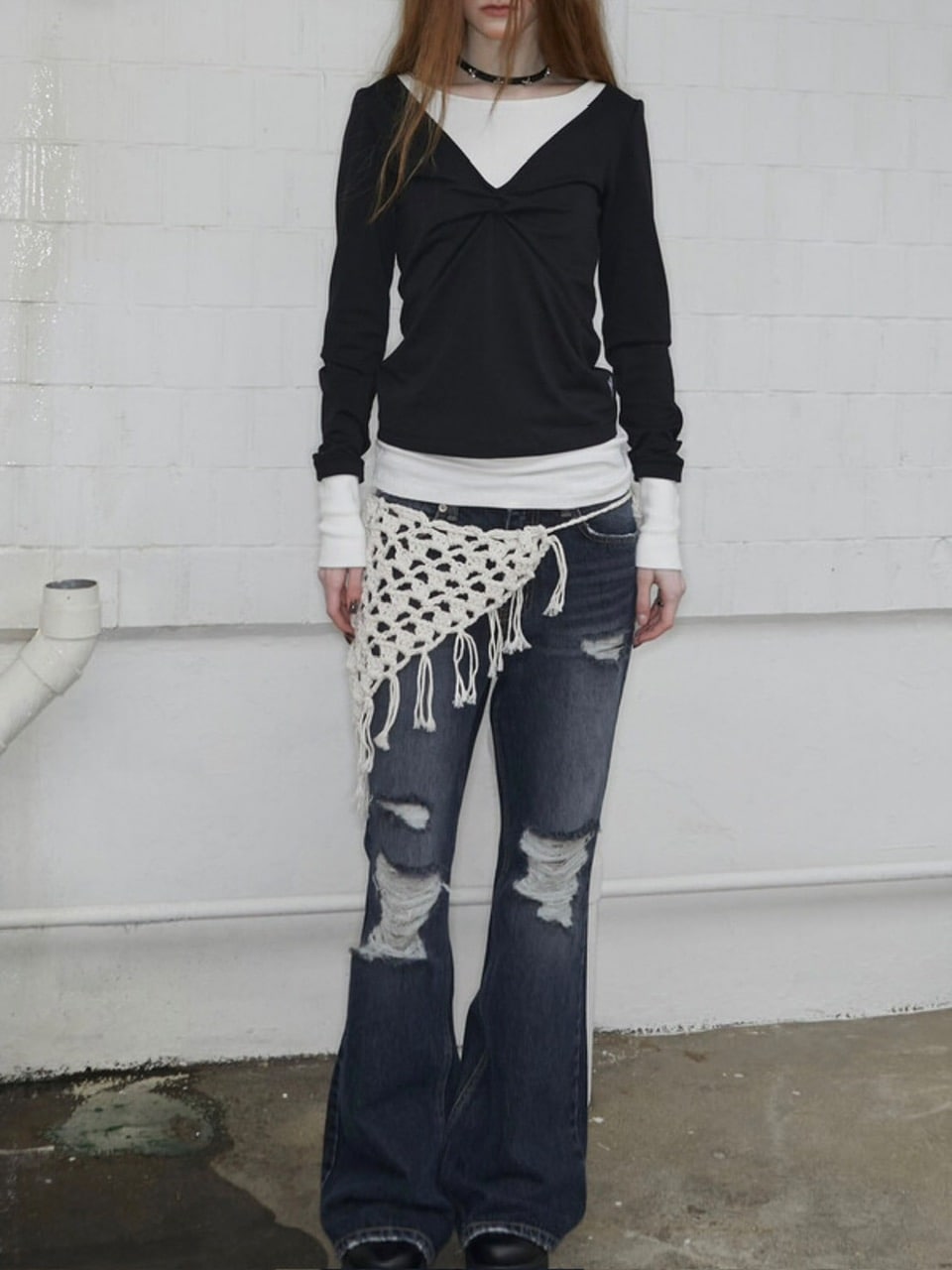 【NOT KNOWING】Back Strap Layered Top / 【ノットノーイング】バックストラップレイヤード長袖Tシャツ