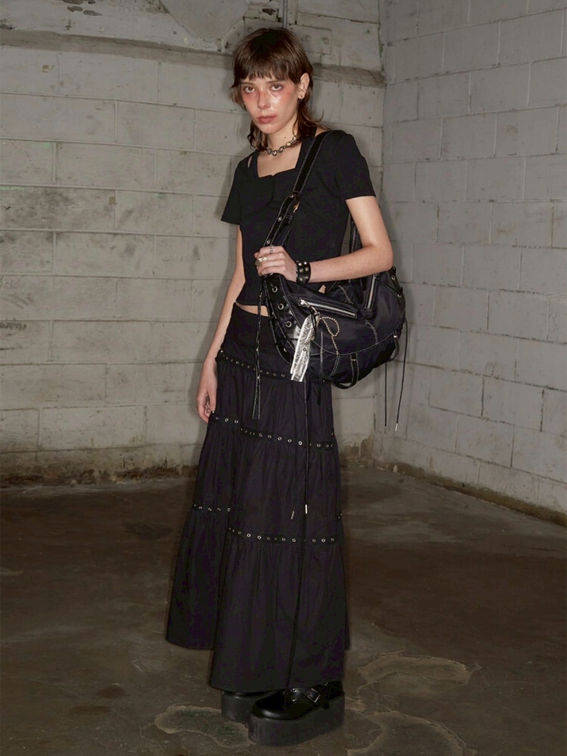 【NOT KNOWING】Tiered Eyelet Maxi Skirt / 【ノットノーイング】ティアードアイレットマキシスカート