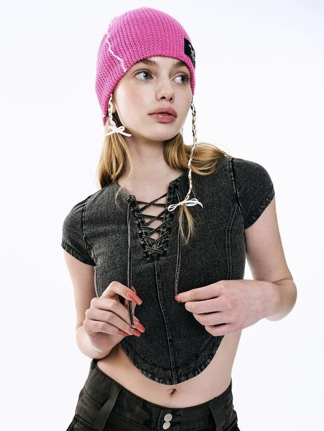 【ODDONEOUT】Washing denim Vneck top / 【オッドワンアウト】ウォッシングデニムVネック半袖Tトップス