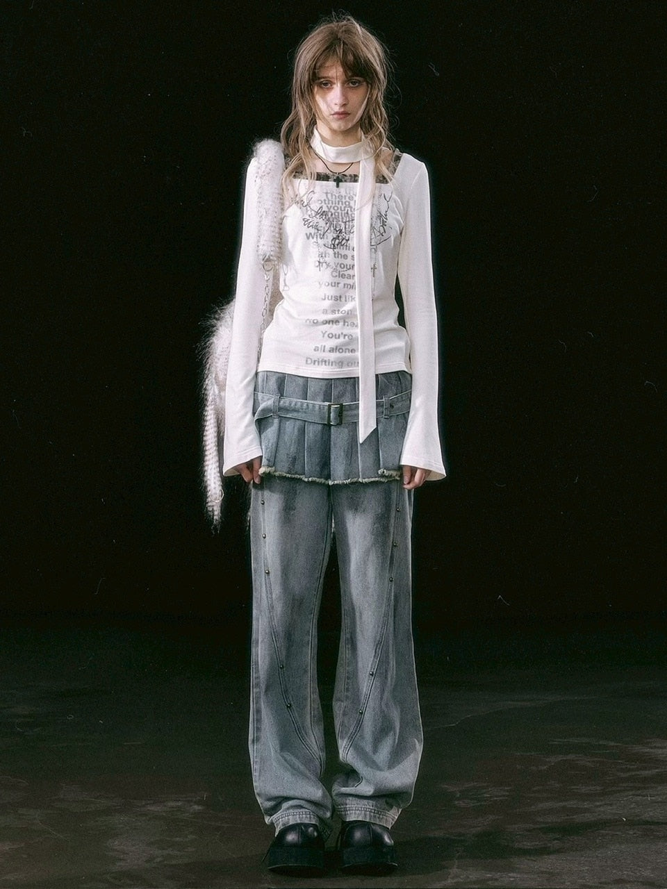 【Cest Nous】Dirty Wash Blue Denim Jeans / 【セヌー】ダーティーウォッシングスカートレイヤードデニムパンツ