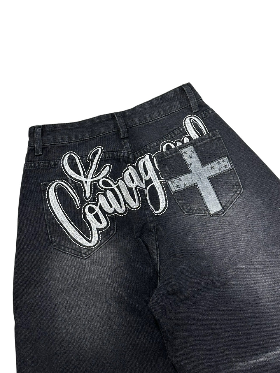 受注制【Never mind the XU】back print wide denim pants / 【ネバーマインドザエックスユー】バックプリントワイドデニムパンツ