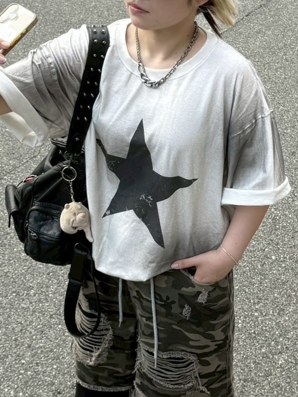 受注制【Chikashitsu +】pigment big star t-shirt (2color) / 【チカシツプラス】ピグメントビッグスタープリント半袖Tシャツ