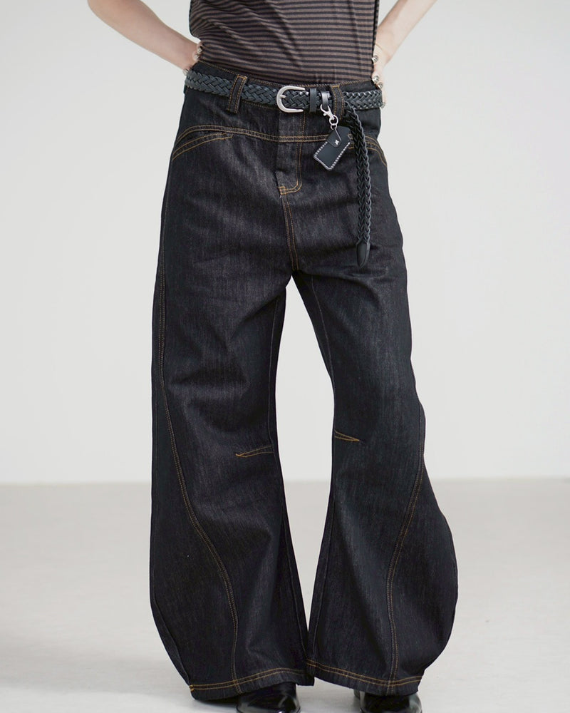 受注制【Chikashitsu +】lilting stitch curve denim pants / 【チカシツプラス】リルティングステッチカーブデニムパンツ