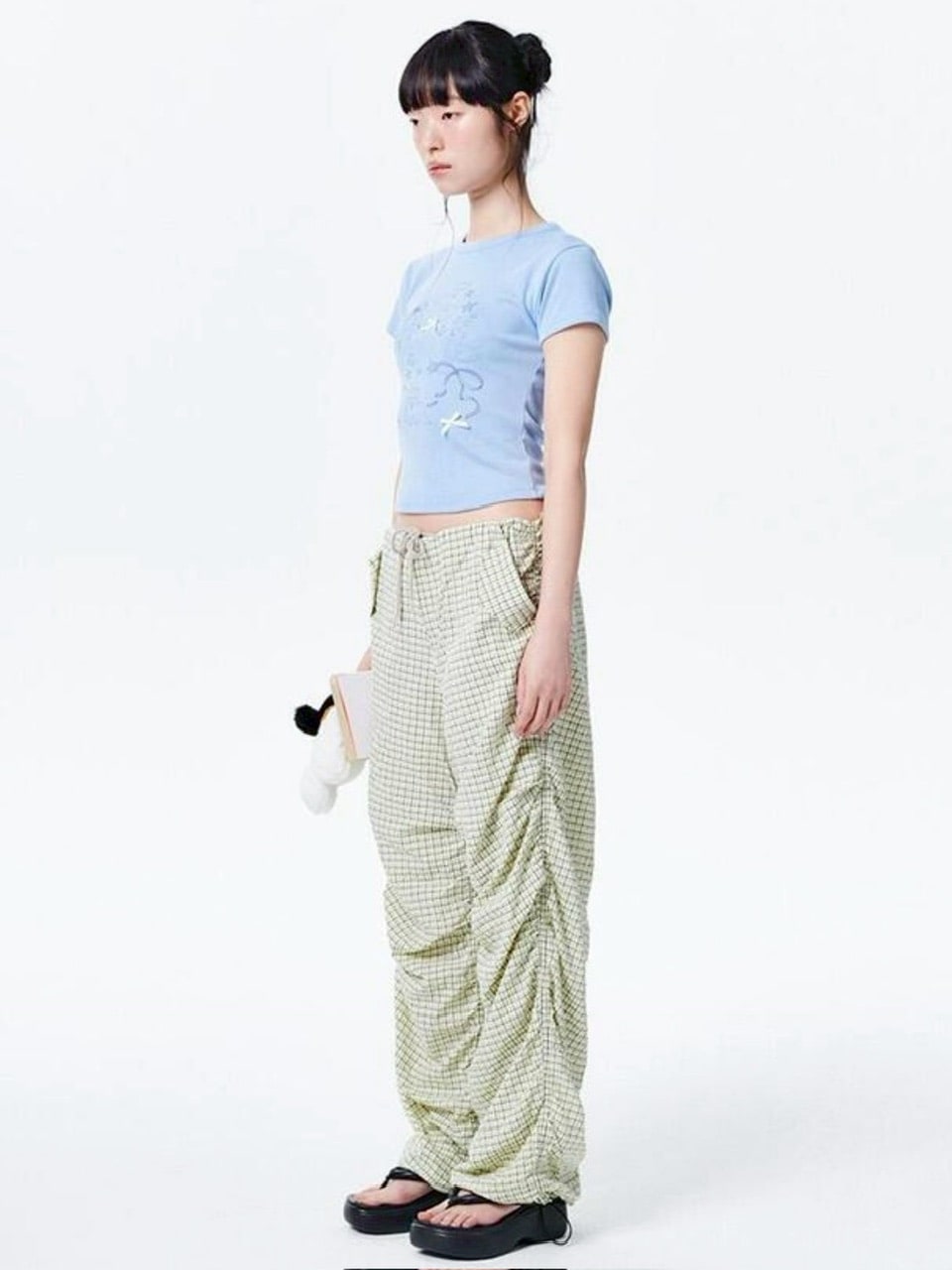 【runningHIGH】CHECK SHIRRING PARACHUTE PANTS