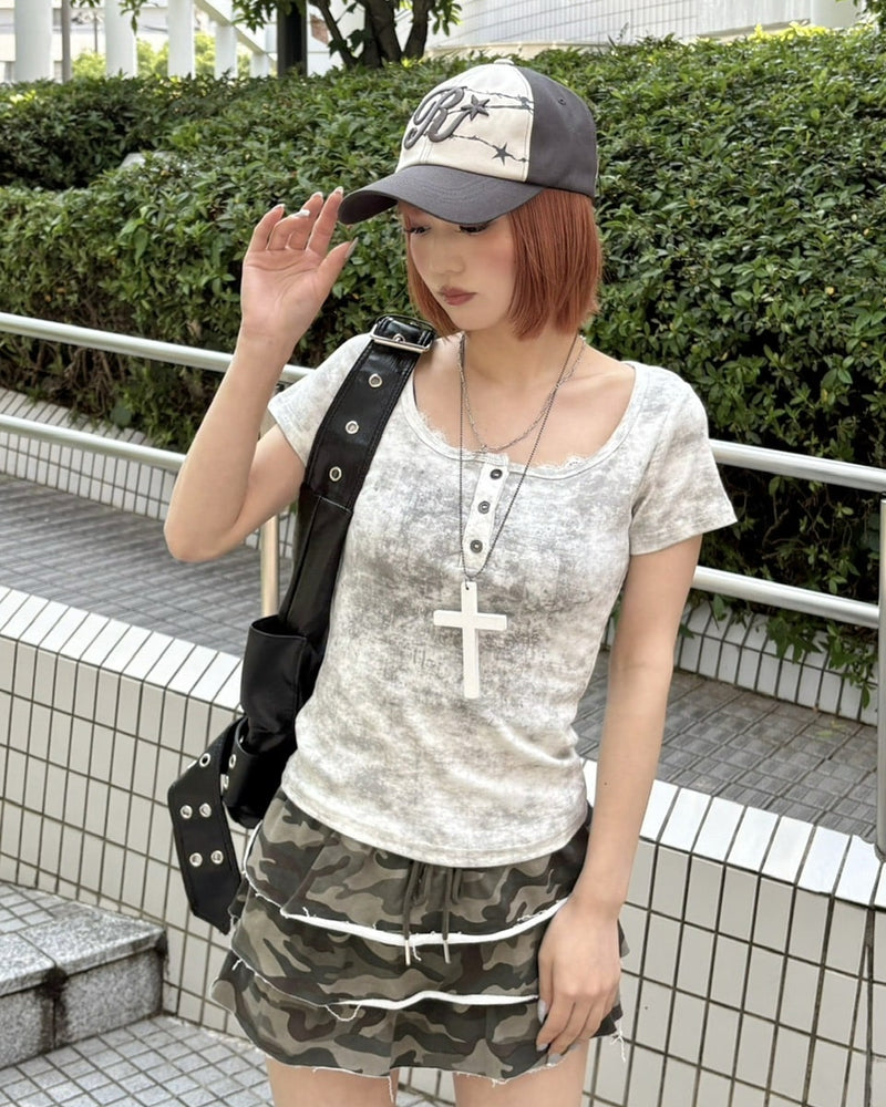 受注制【Never mind the XU】marble washed tee (3color) / 【ネバーマインド ザ エックスユー】マーブルウォッシュドヘンリーネックプリント半袖Tシャツ