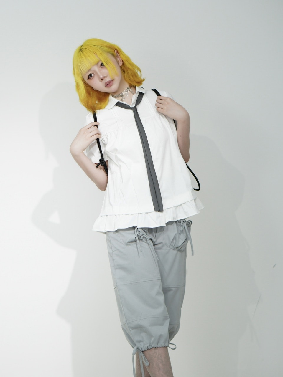 国際配送【Nerd out XU】ribbon string shorts (2color) / 【ナードアウトエックスユー】リボンストリングワイドハーフパンツ