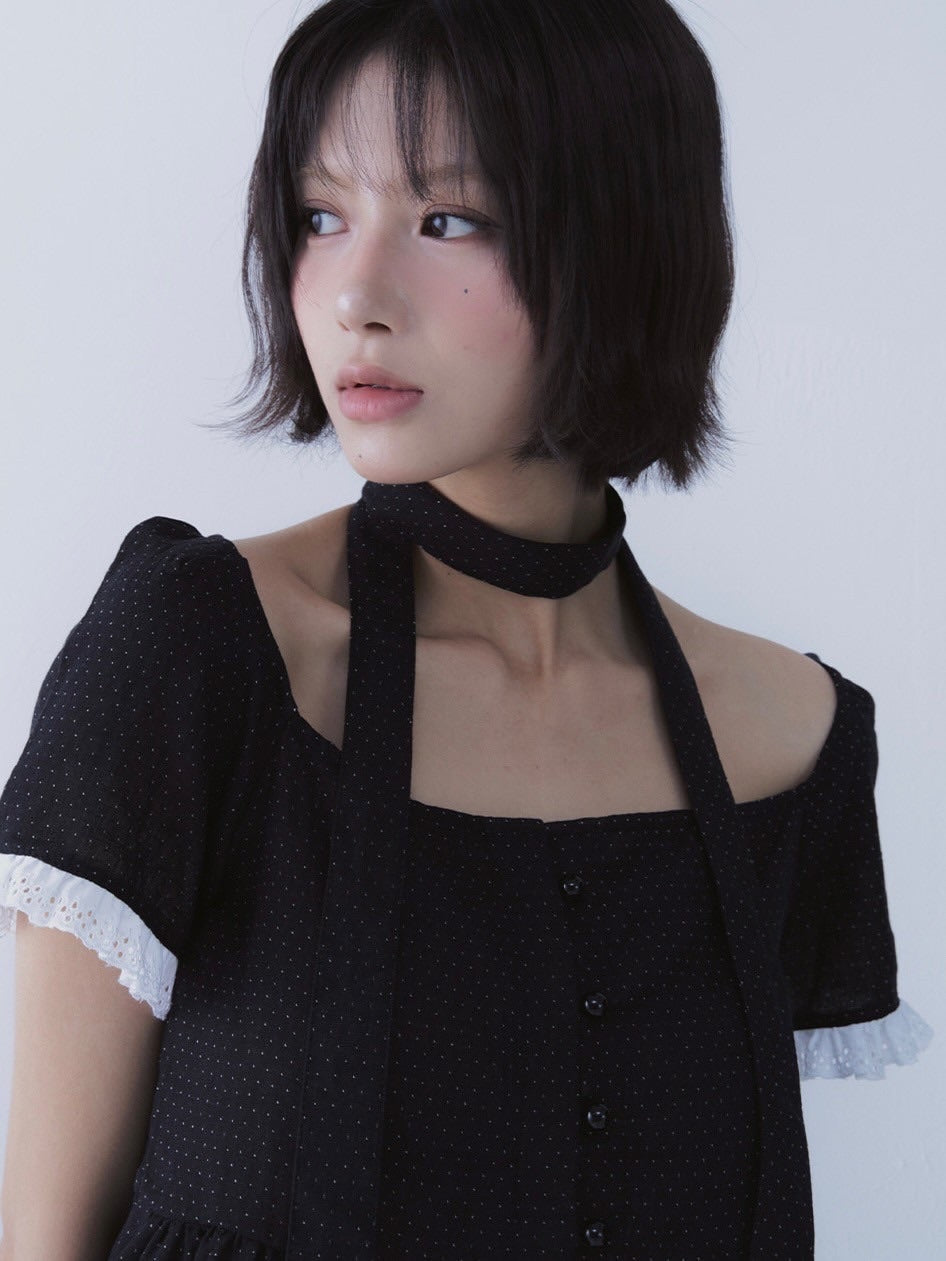【SETSETSET】DOT MUFFLER FLARED BLOUSE